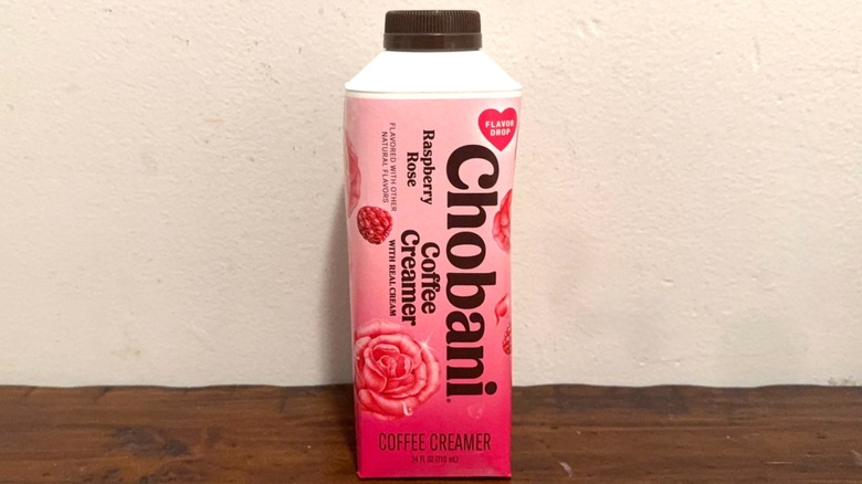 bottle of Chobani Raspberry Rose coffee creamer