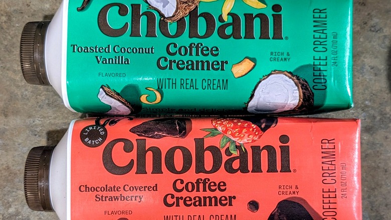 A close-up of Chobani's Chocolate Covered Strawberry and Toasted Coconut Vanilla creamers