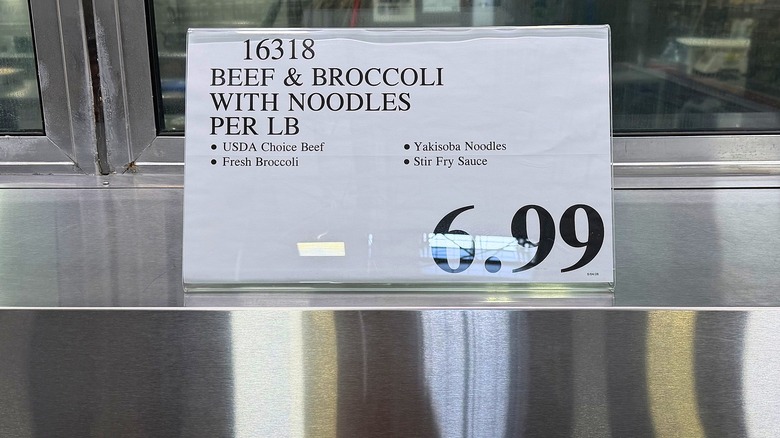 Beef & broccoli price sign on display inside Costco