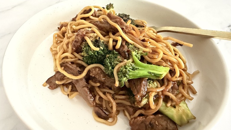 Close-up of a plate of Costco's beef and broccoli