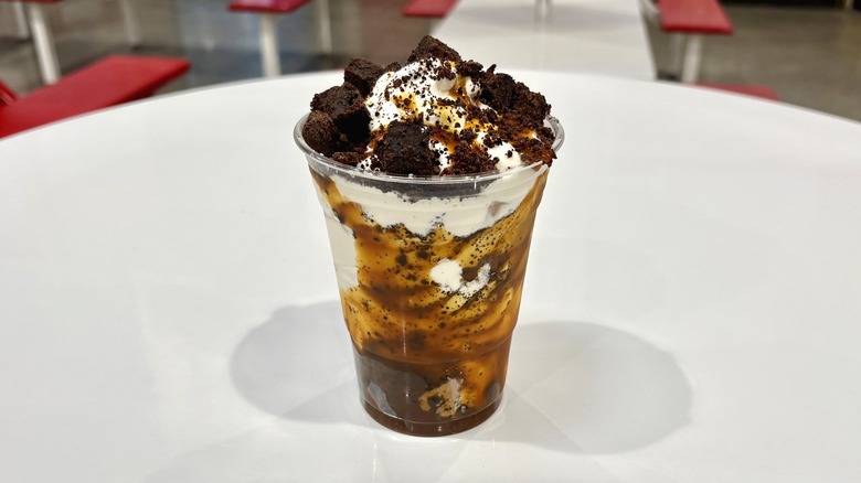 Costco Caramel Brownie Sundae in a cup on food court table