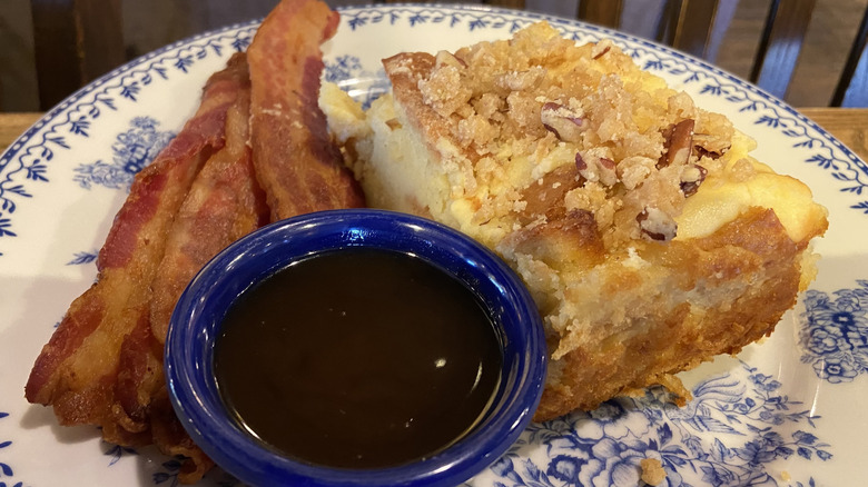 Bacon, syrup, and a thick piece of French toast bake