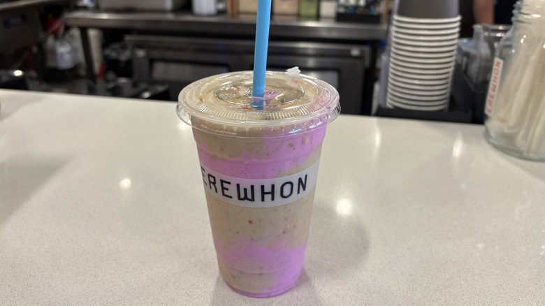 The Birthday Wish by Barbie Smoothie from Erewhon on a counter
