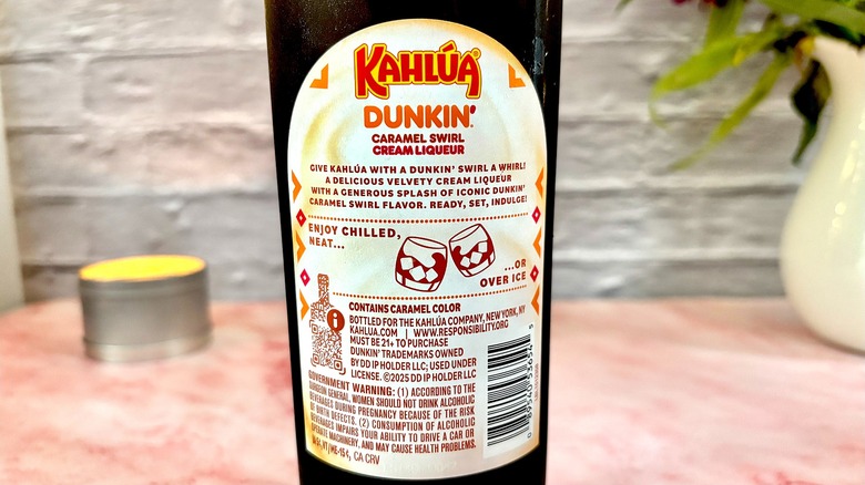 Back label on bottle of Kahlúa Dunkin' Caramel Swirl Cream Liqueur