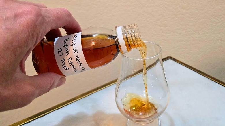 Pouring a sample bottle of King of Kentucky's limited-edition 2025 expression bourbon