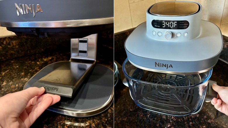 Hands placing the base onto a Ninja air fryer and pushing the air fryer basket into place