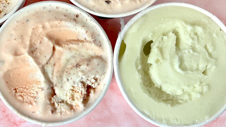 Salt & Straw Melon Prosciutto and Pickled Cucumber pints on pink background