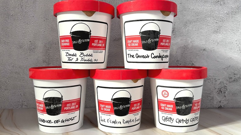 Five Halloween Salt and Straw pints on grey background