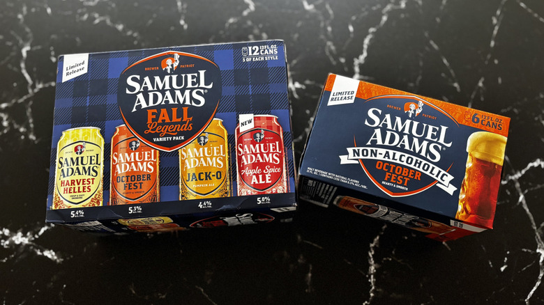 Samuel Adams Fall Legends variety pack beer box next to NA Octoberfest beer box