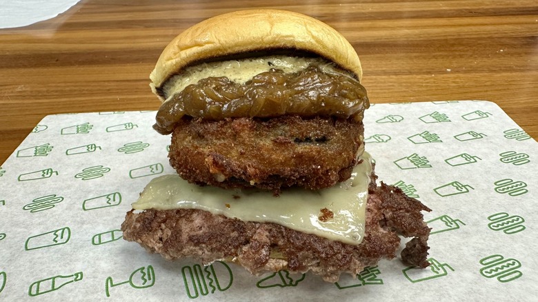 A French Onion Shack Stack on a patterned paper placemat