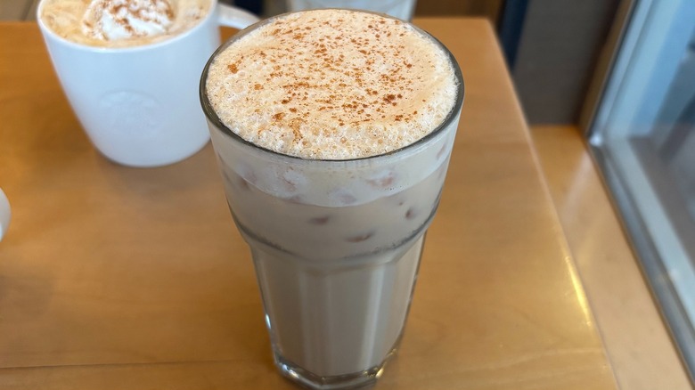 Close-up of Starbucks Iced Pumpkin Cream Chai in glass