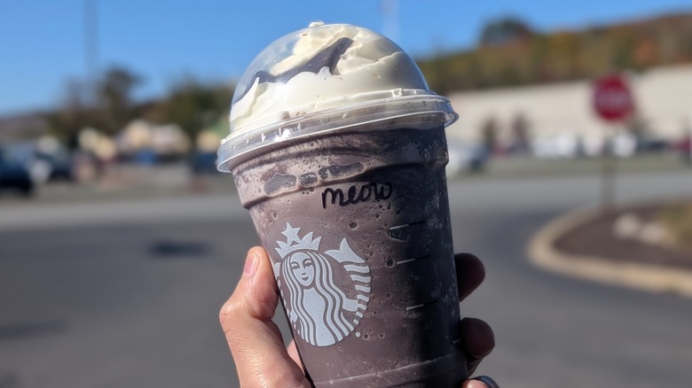 A hand holding a Starbucks Black Cat Frappuccino outside with "meow" written on the cup