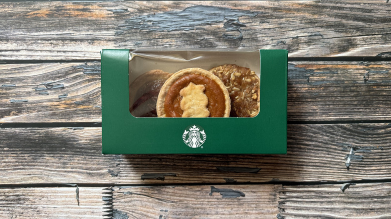 Three mini pies in a Starbucks box
