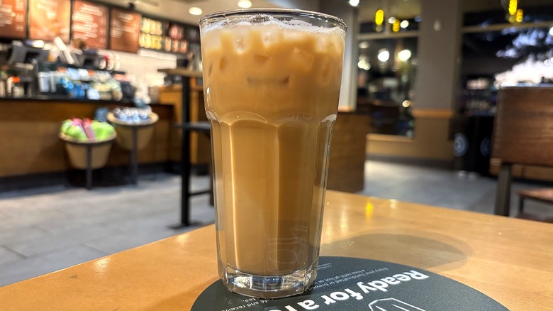 Starbucks Iced Vanilla Protein Latte on table in store