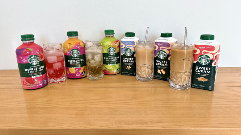 Bottles of Starbucks refreshers concentrates and sweet cream refreshers
