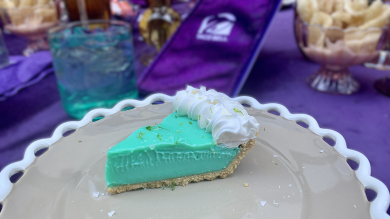 A slice of Taco Bell Mountain Dew Baja Blast Pie on a plate