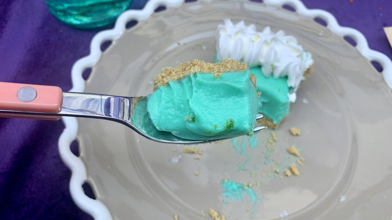 Close-up of a piece of Taco Bell Mountain Dew Baja Blast Pie