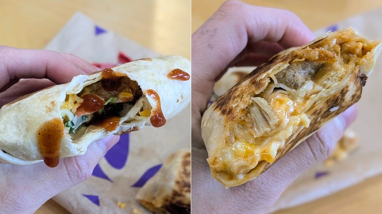 A split image of close-ups of a Crunchwrap and a rolled quesadilla