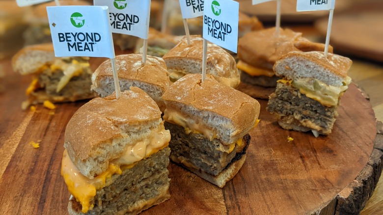 Beyond Meat Stack Burgers wooden platter