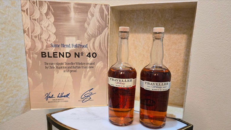 Bottles of Traveller American whiskey with open gift box