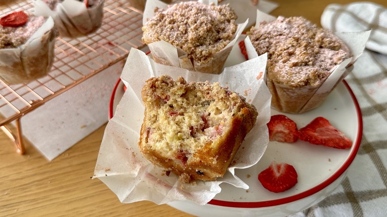 rhubarb strawberry muffins on plate