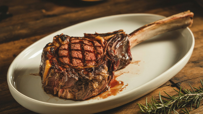 Grilled tomahawk steak on plate