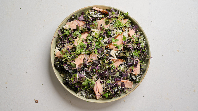 salmon and cheese combined with kale and broccoli