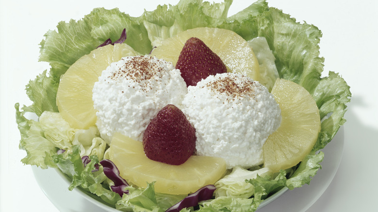 A vintage photograph of a cottage cheese and pineapple salad