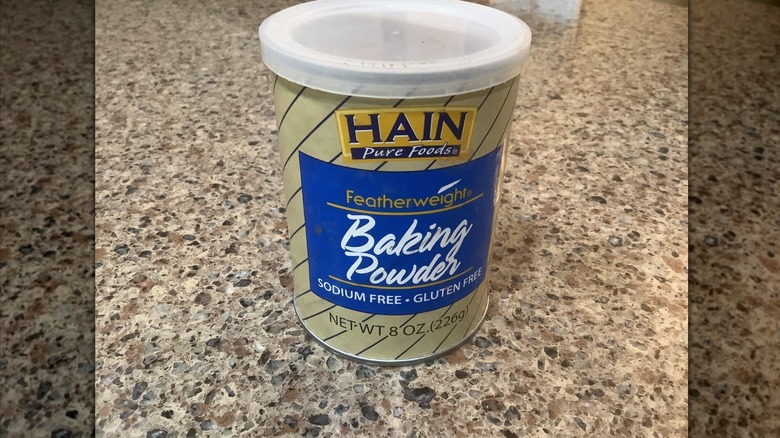 Hain Pure Foods' Sodium-Free Baking Powder pot on countertop