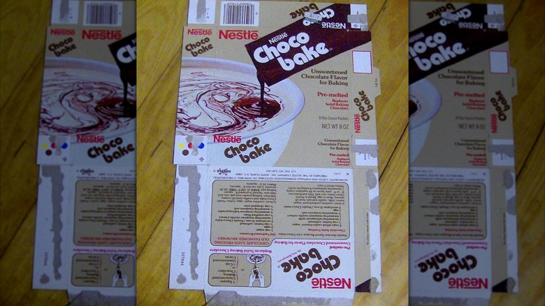 old Nestle Choco Bake packet on table, mirrored image