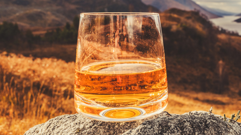 glass of whisky in front of Scottish scenery
