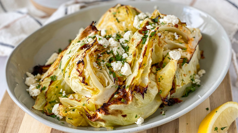 roasted cabbage on white plate