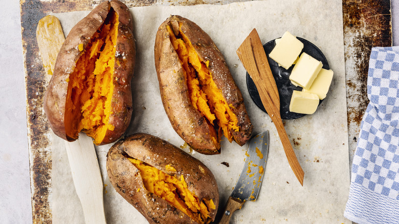 Whole roasted sweet potatoes