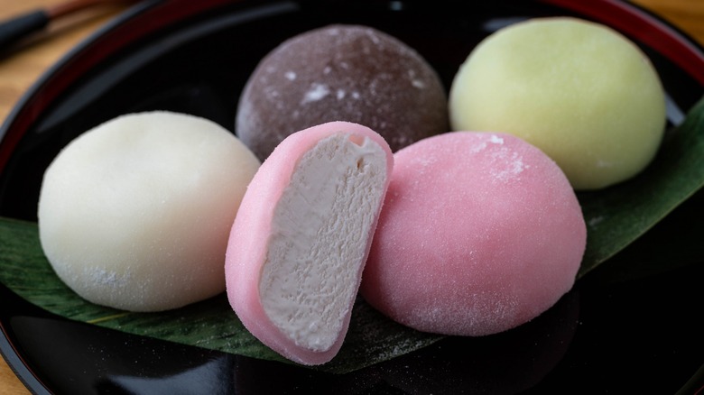 Close-up of mochi with one cut open