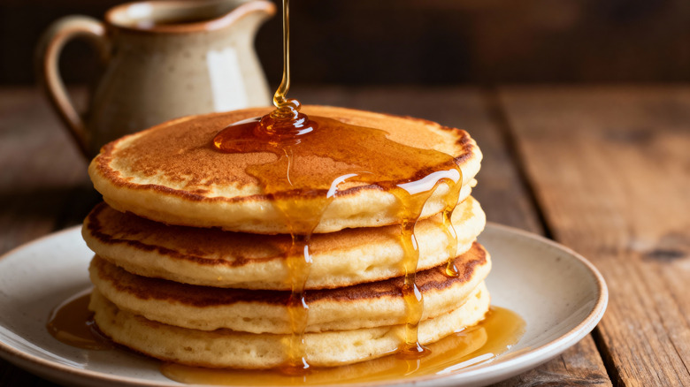 stack of pancakes with gravy