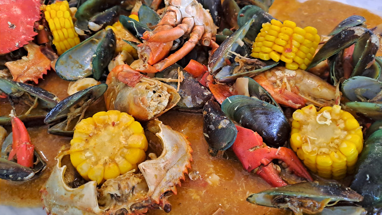 A closeup of a seafood boil