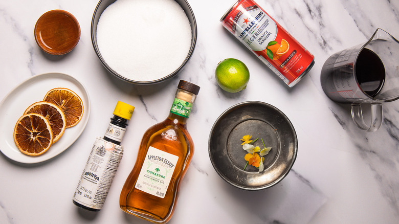 ingredients for blood orange rum sunset cocktail