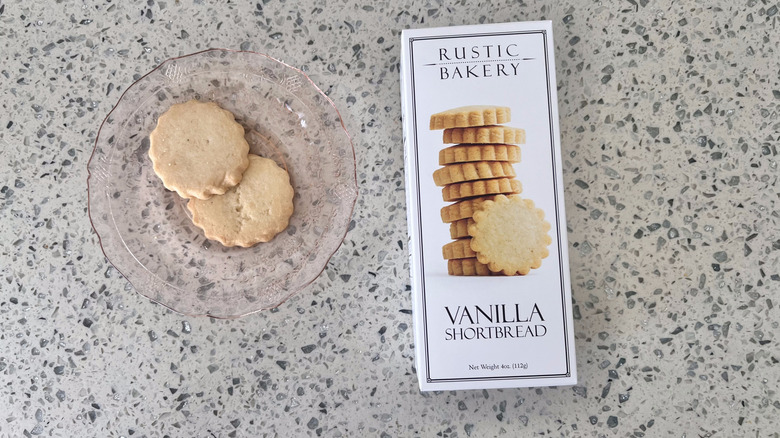 Vanilla Bean Shortbread cookies on a plate with packaging
