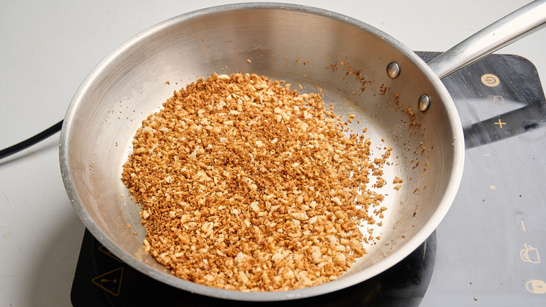 toasting breadcrumbs in a skillet