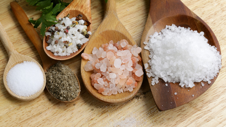 different types of salts on wooden spoons