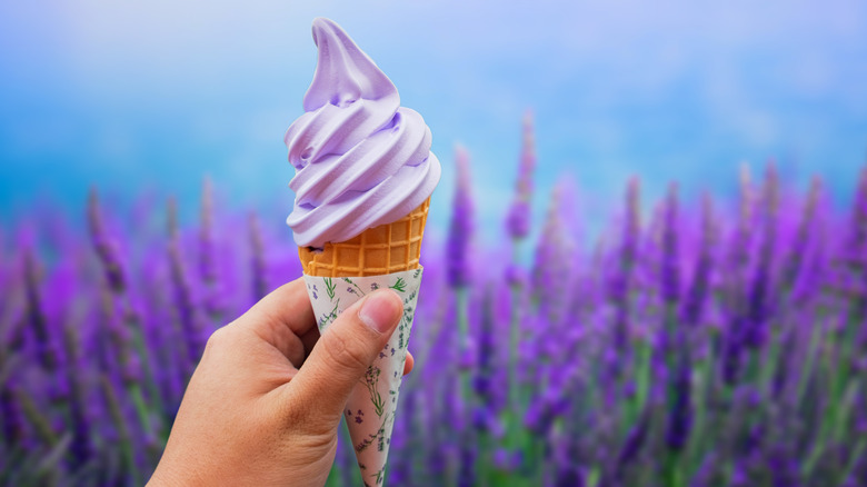 Soft-serve lavender ice cream in cone