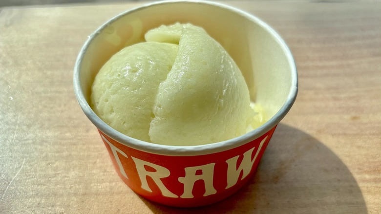 Cup of Salt & Straw Hoppy Apple Cider Sorbet on wooden surface