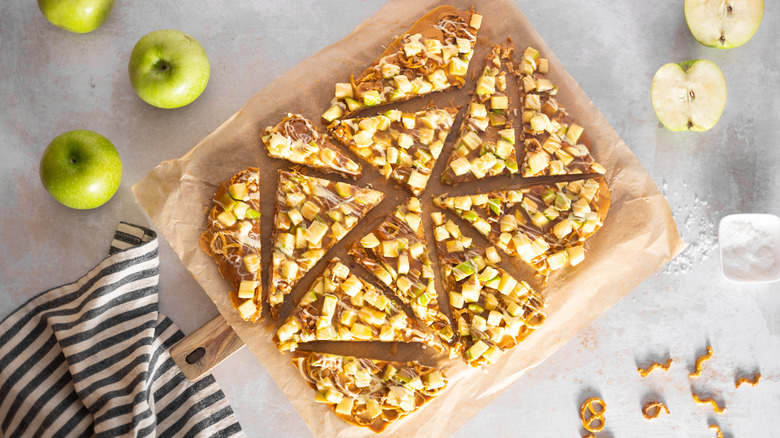 salted caramel and toasted white chocolate apple bark on board