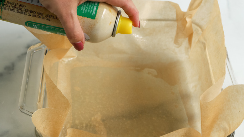 hand squirting oil on a pan