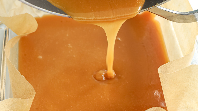 caramel syrup in a baking pan