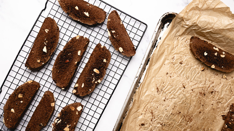 Biscotti cooling on a rack.