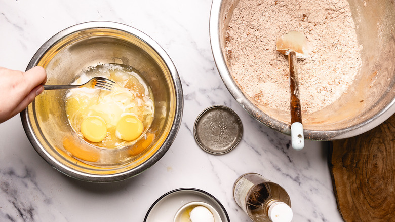 Mixing wet ingredients.
