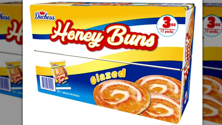 Yellow and blue box of Duchess Honey Buns snack cakes