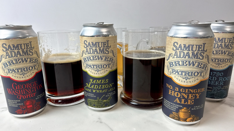 4 cans of Sam Adams Patriot Collection beer and beer in mugs