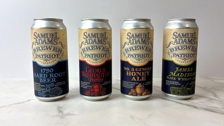 Sam Adam four beer patriot collection on a white tabletop